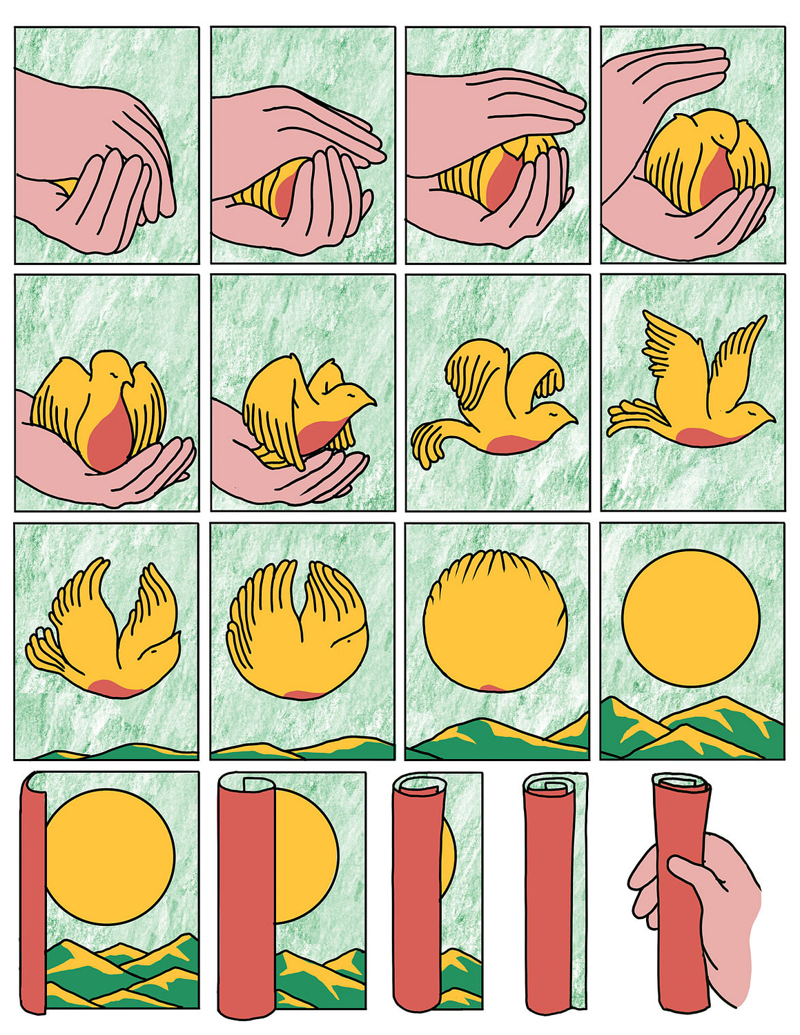 Comic about creativity in which a bird is released and becomes a sun