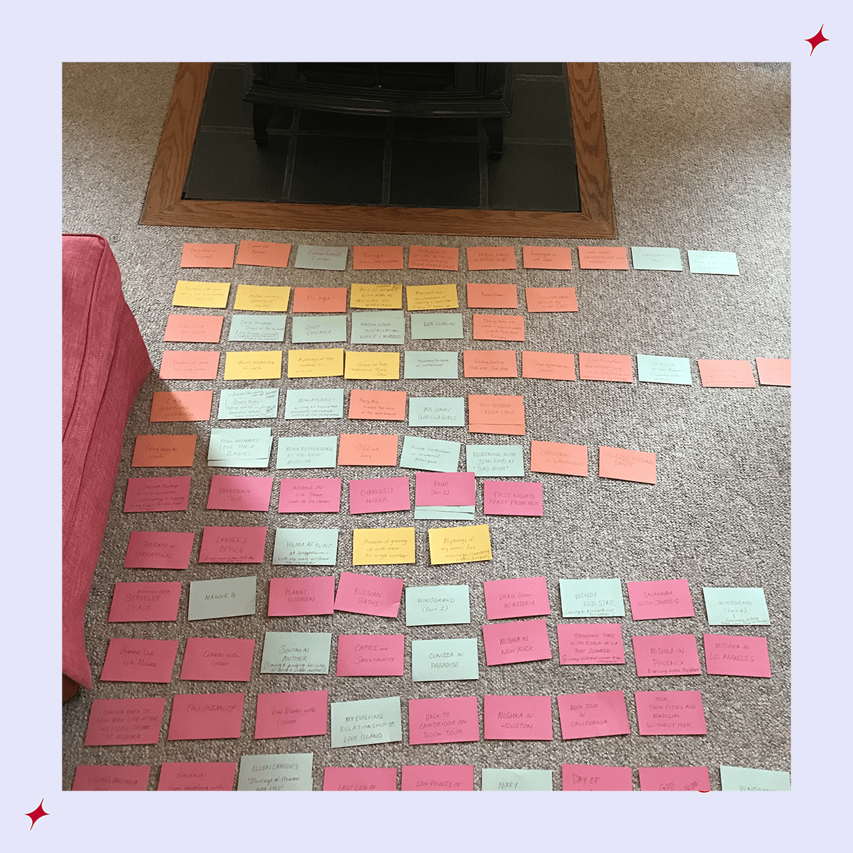 The author’s aforementioned multicolored index cards, laid out in orderly lines on a carpeted floor.