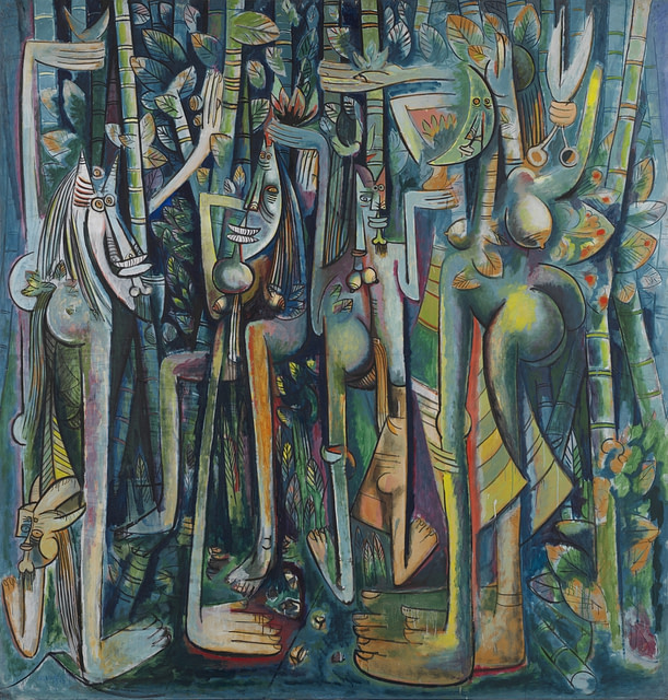Wifredo Lam’s painting “The Jungle,” depicting abstract figures surrounded by sugarcane and bamboo.