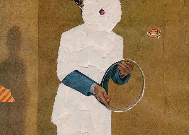 Collage. Illustration of a man holding a ring. The man's entire figure is carefully blotted out using scraps of white paper.