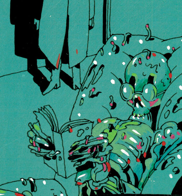 Crop of a comic by Nicole Claveloux showing a skeleton reading