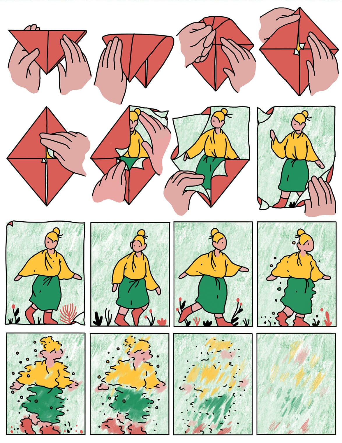 silent, poetic comic about creativity in which a woman is folded into origami and disappears 