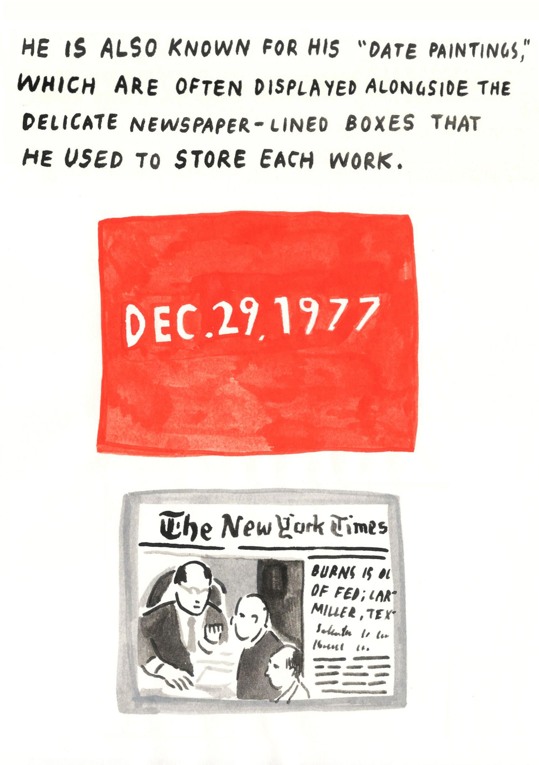 The text reads: “He is also known for his ‘date paintings,’ which are often displayed alongside the delicate newspaper-lined boxes that he used to store each work.” Below this is a reproduction of Kawara’s date painting for December 29, 1977. The canvas is painted all red and the date is written in big characters. The accompanying box is lined with the front page from that day’s New York Times.