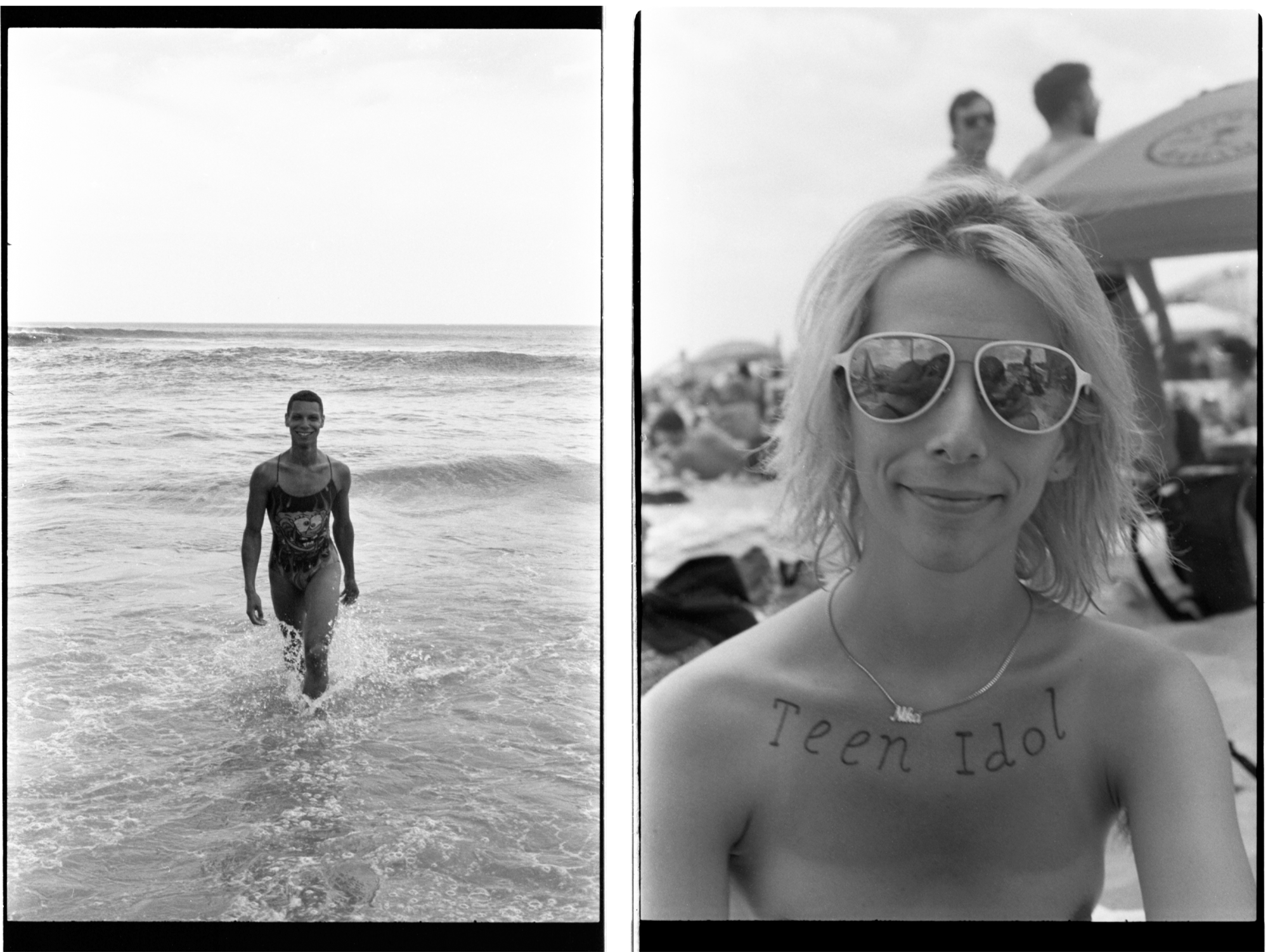 Two photographic portraits. In one, Andersson Lopez, wearing a Spongebob one-piece bathing suit, wades through the shallows at Riis Beach, walking toward the camera. In the other, Nika Lomazzo, sporting aviator sunglasses and showing an upper-chest tattoo reading "Teen Idol," smiles at the camera.