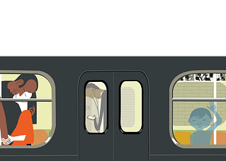 Illustration of a couple embracing in the window of a subway car