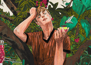 Acrylic painting by Hernan Bas. A waifish blonde boy leans against a lush tree adorned with hummingbird feeders. The feeders are filled with a rich red-purple liquid, and the boy holds out one additional feeder in the palm of his hand — a hummingbird hovers above to feed from it. The scene looks idyllic but also slightly morose and surreal. The boy’s expression is impenetrable.
