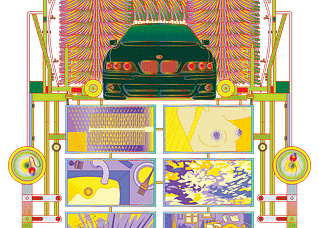 Digital illustration by Brindha Kumar. A BMW 540i makes its way through a car wash, surrounded by brightly colored mitter curtains, at the top of the frame. Below the car wash scene are eight panels showing different images relevant to the story, including a close-up of the protagonist’s purple nipples and reproduction of Van Gogh’s painting The Bedroom.