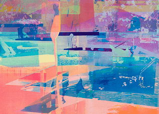 Acrylic painting by Zoe Walsh rendered in bright colors, including cyan, magenta, purple, and orange. The scene is highly abstracted, but mountains are visible in the background, and a pool occupies most of the foreground. The silhouettes of men, variously standing or lounging poolside, are overlaid throughout. The shape and colors of the landscape, pool, and men intersect and flood into each other.