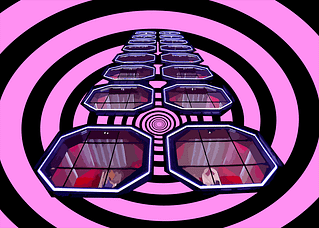 Illustration. View from a high angle of the “pods” from the Netflix reality show Love Is Blind. Two rows of the separated chambers extend into the background. The pods are superimposed on a 2D illustration of a vortex, colored pink and black.