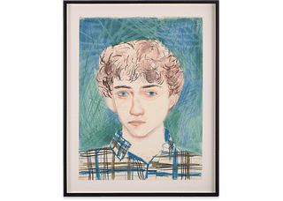Colored pencil portrait by Larry Stanton. The portrait shows a young man with curly brown hair and blue eyes. He is wearing a checkered button down, open at the top, showing just the suggestion of chest hair. The colors and line work are bold and bright.