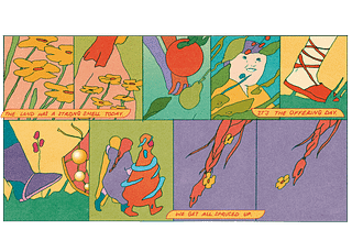 A preview of Maria Medem’s comic, showing the characters preparing for “offering day.” Illustrated in vivd colors.