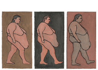 Color illustration by Toma Vagner. A repeating illustration of an obese woman walking toward the right of the frame.
