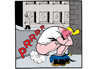 A redfaced cowboy henk, pants down on the street, farting as hard as he can