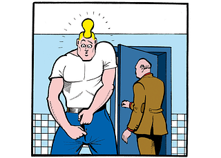 Cowboy Henk zipping up in the bathroom as a man in a suit leaves