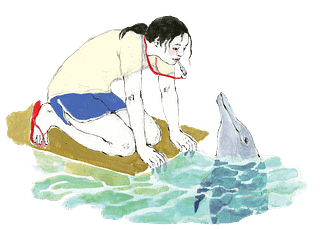 Illustration of a woman on a diving platform blowing a whistle while a dolphin sticks its head out of the water, by Jia Sung
