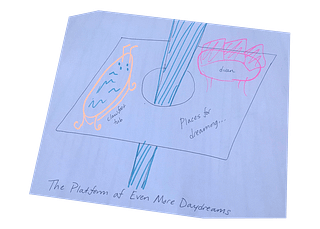 A reproduction of a drawing mentioned in this essay. Rendered in pen and highlighter, the drawing shows a platform within a fantasy treehouse furnished with an orange clawfoot tub and pink divan. The bottom of the drawing is labeled “The Platform of Even More Daydreams.”
