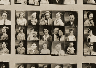 Contact sheet of portraits from the 1930s. Several feature a father and daughter posed together.