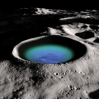 A visualization of Shackleton crater on the moon. Bright blue and greens are used to indicate contoured elevation of the crater floor.