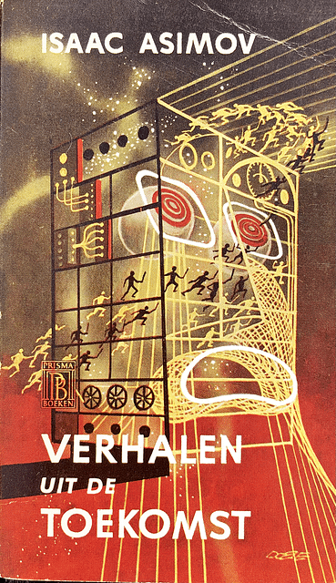 Abstract 1960 Dutch pulp cover showing a crowd of rudimentary human figures scattered around a futuristic scaffolding.