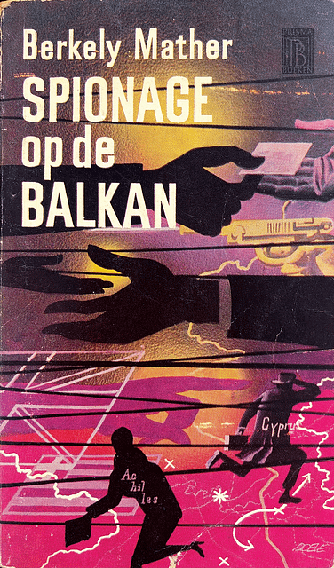 1960 Dutch pulp cover showing a collage of various espionage-related images. A small card is exchanged between two hands. Two figures are seen running away from each other. A map of Europe and a gun decorate the background.