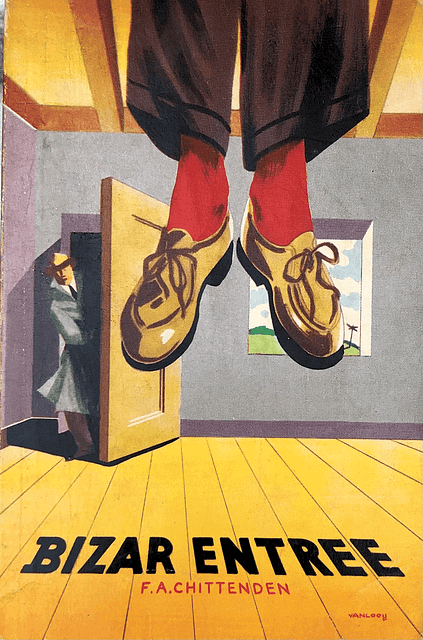 1963 Dutch pulp cover. A person’s legs dangle suspended in the foreground. It appears they have hanged himself. In the background, a man emerges from a door, perhaps discovering the hanging body for the first time.