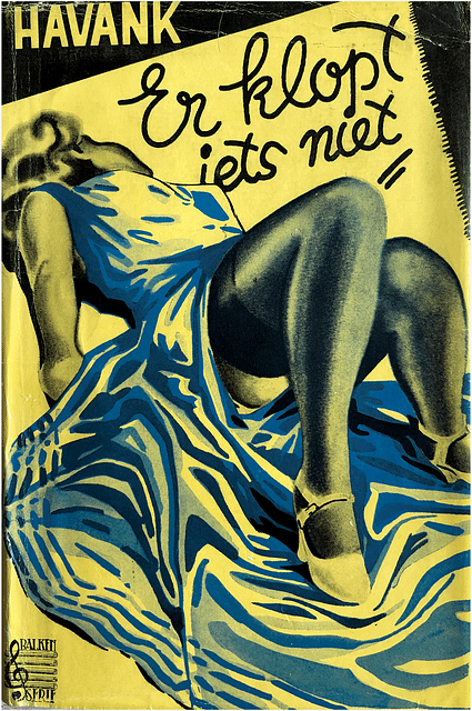 1942 Dutch pulp cover showing a woman in a blue dress. She is reclined and the viewer can partially see up her dress.