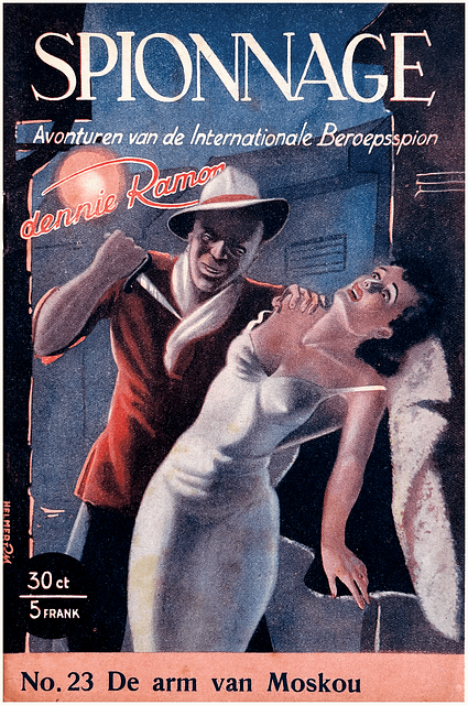 1949 Dutch pulp cover showing a man attacking a woman in the street. He has grabbed her shoulder and is menacing her with a knife.