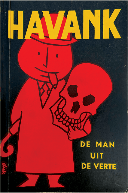 1955 Dutch pulp cover showing a minimalist sketch of smiling man holding a skull in his arms.