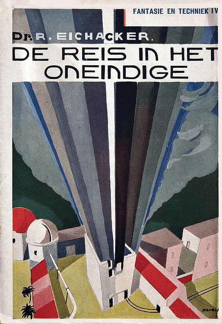 1930 Dutch pulp cover. Long solid bands of black, blue, and gray shoot up out of a modest building at the bottom of the frame.