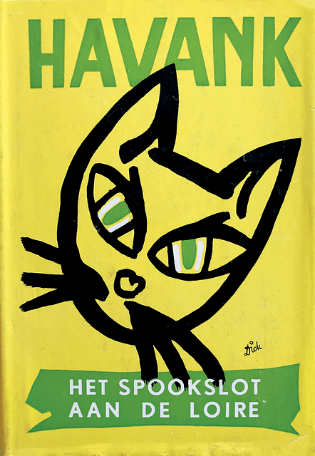 1953 Dutch pulp cover showing a minimalistic and bold sketch of a stern cat’s face.