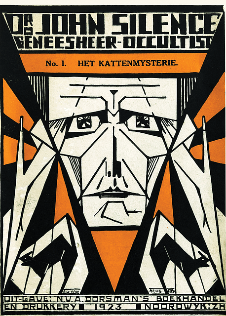 1923 Dutch pulp cover showing a close-up of a man’s face rendered in geometric shapes.