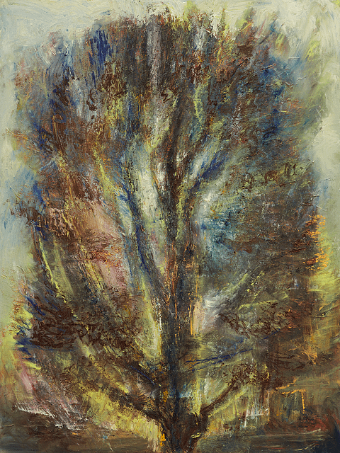 Painting of a beech tree by Celia Paul. The tree occupies the whole of the frame and is rendered in lively brushstrokes.