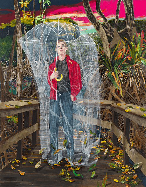Acrylic painting by Hernan Bas. A waifish brunette boy stands on a boardwalk above a swamp. It’s dusk and the sky is glowing a brilliant magenta. Leaves are swirling at the boys feet. He is holding up a transparent umbrella, which also has a transparent netting attachment that extends down to his feet. He looks at ease, with one hand in his pocket, but also lost in thought.