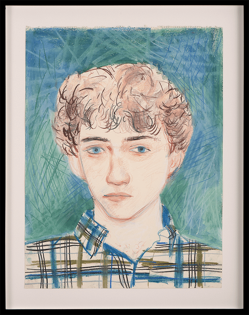 Colored pencil portrait by Larry Stanton. The portrait shows a young man with curly brown hair and blue eyes. He is wearing a checkered button down, open at the top, showing just the suggestion of chest hair. The colors and line work are bold and bright.