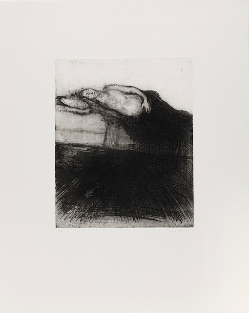 Etching by Celia Paul. A pregnant woman named Kate is lying on her side, facing the viewer. She rests her hand on the lower part of her abdomen.