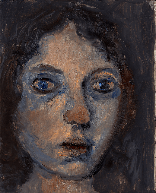 Portrait of a woman named Emily by Celia Paul. Emily has piercing blue eyes and a stern expression.