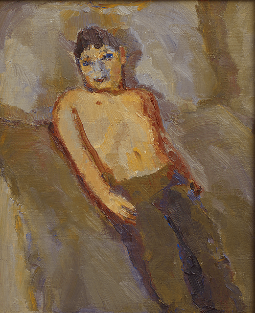 Portrait of a man named Frank by Celia Paul. He is captured shirtless, lying down.