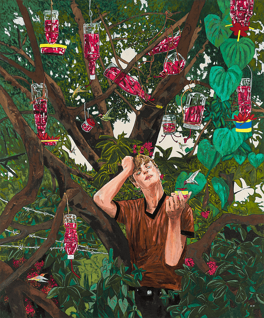 Acrylic painting by Hernan Bas. A waifish blonde boy leans against a lush tree adorned with hummingbird feeders. The feeders are filled with a rich red-purple liquid, and the boy holds out one additional feeder in the palm of his hand — a hummingbird hovers above to feed from it. The scene looks idyllic but also slightly morose and surreal. The boy’s expression is impenetrable.