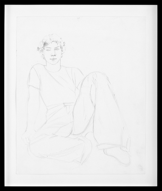 Pencil drawing by Larry Stanton. A young man is seated on the ground with his legs splayed open. The pose and his gaze are seductive.