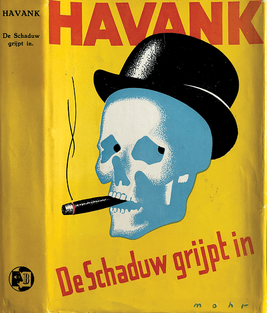 1949 Dutch pulp cover showing a skull wearing a top hat and smoking a cigar.