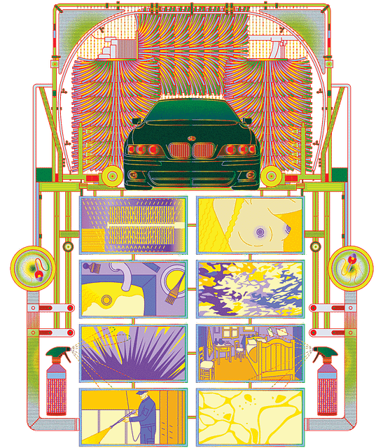 Digital illustration by Brindha Kumar. A BMW 540i makes its way through a car wash, surrounded by brightly colored mitter curtains, at the top of the frame. Below the car wash scene are eight panels showing different images relevant to the story, including a close-up of the protagonist’s purple nipples and reproduction of Van Gogh’s painting The Bedroom.