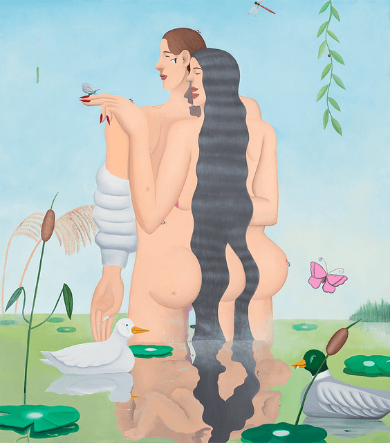 Oil on canvas painting in a bold, modern style. Two naked figures stand so close to each other that the edges of their bodies are indistinguishable. They are up to their knees in a warm-green pond, surrounded by lily pads, two ducks, and a handful of charming insects (though a few have left bite marks on the figures). The closer figure has long wavy black hair that cascades down their back, cuts around their large butt cheeks, and then flows into the water. The painting has an Edenic feel, but also a slight edge.