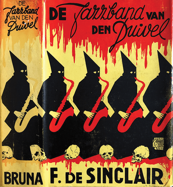 1941 Dutch pulp cover showing a series of figures with pointed hoods, playing blood-red saxophones. Skulls sit on the ground below them, and blood drips down from the top of the cover.