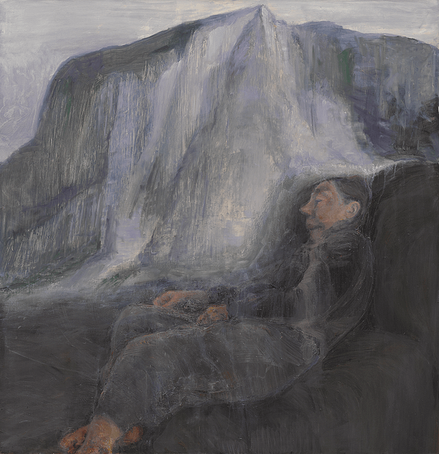 Painting by Celia Paul. The artist's mother is rendered reclined against the edge of a mountain. The predominant colors are grays and purples.