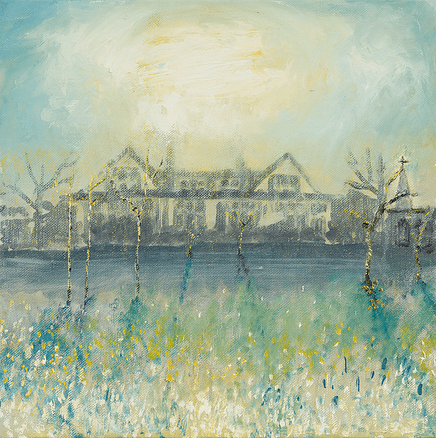 Painting by Celia Paul. The artist's father's house lies in the distance. In the foreground are yellow, green, and blue grasses and flowers. The sun hangs above the house. The border between the sun and the blue sky are very diffuse and abstracted.