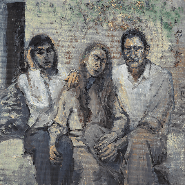 Group portrait of Bella, the artist, and Lucian Freud. The three figures are seated, facing toward the viewer. The artist has her hand clasped on Bella's knee, and her other hand touching Lucian’s hand.