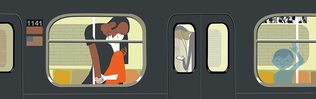 Illustration of a couple embracing in the window of a subway car