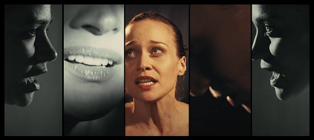 Screenshot from the music video for Fiona Apple’s “Hot Knife.” In this frame, there are five different panels set next to each other. The outermost panels show Apple’s sister, Maude Maggart, in profile. The next pair in show close-ups of Apple’s lips from different angles. The center panel shows Apple’s face in full view. Here she is illuminated by a warm light, making this panel stand out next to the black-and-white and/or darker panels to the left and right. The center-panel Apple is gazing upwards, her lips just parted, delivering a lyric. The muscles in her neck appear tensed, reflecting the effort put into her performance.