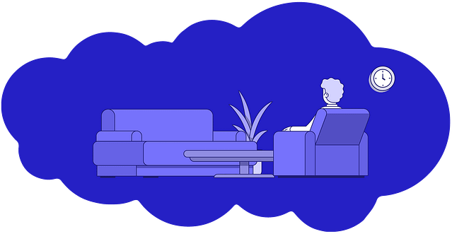 Minimalist illustration in deep blue tones. A man sits alone in an armchair across from an empty couch and potted fern.