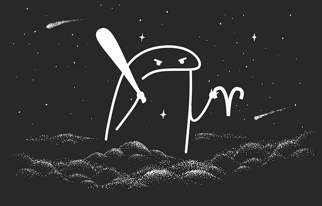 Black-and-white illustration. In a night sky above clouds rendered in small white dots, a grumpy cartoon blob wield a baseball bat in one hand and an Aries symbol in the other.